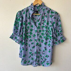 Ann Taylor Coquette Blouse Womens Small V-neck Blue Floral Ruffle Feminine